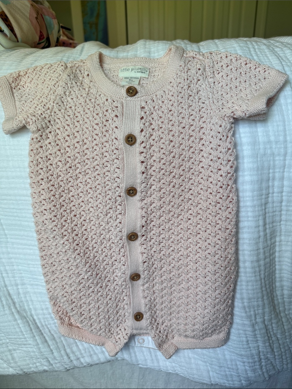 Little Planet Organic Pale Pink Knit Button Romper - Short Sleeve